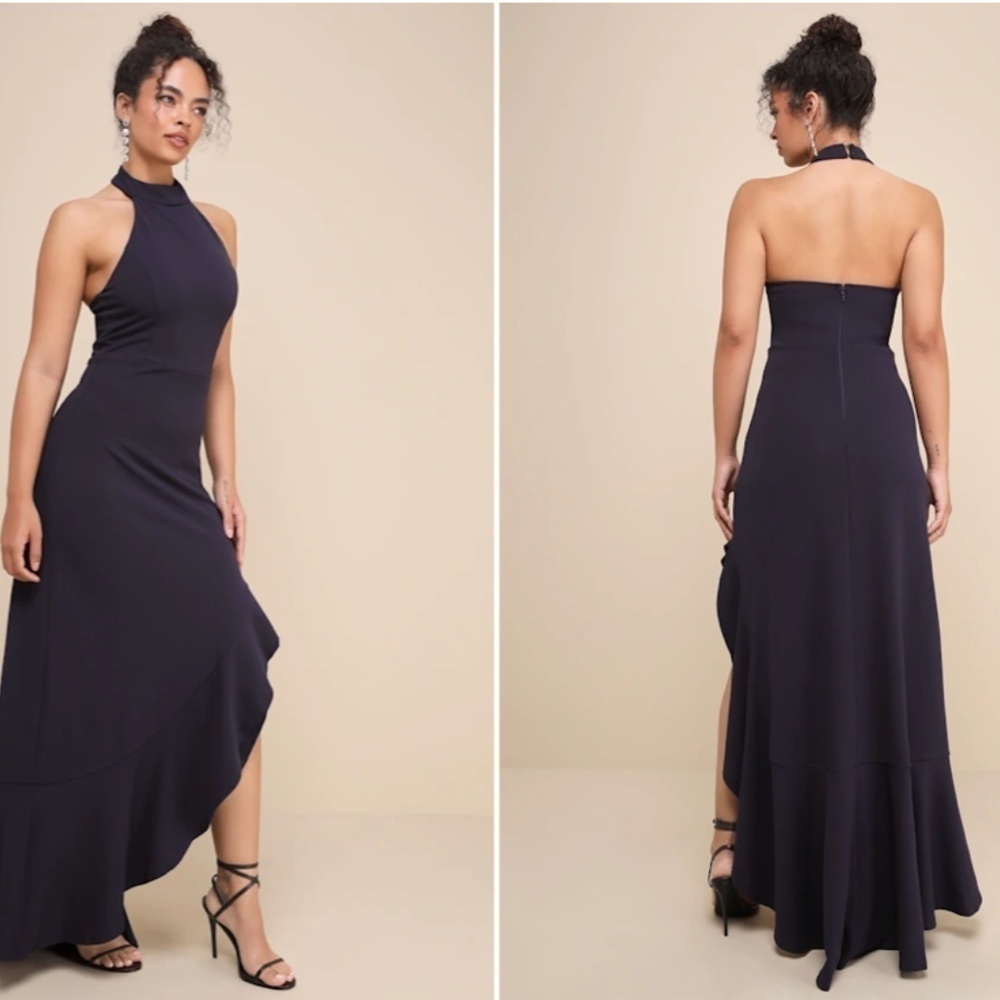 LULU's Chic Sexy Sophisticated Prom Wedding Ruffle Hem Halter Neck Trumpet Maxi - Picture 6 of 6